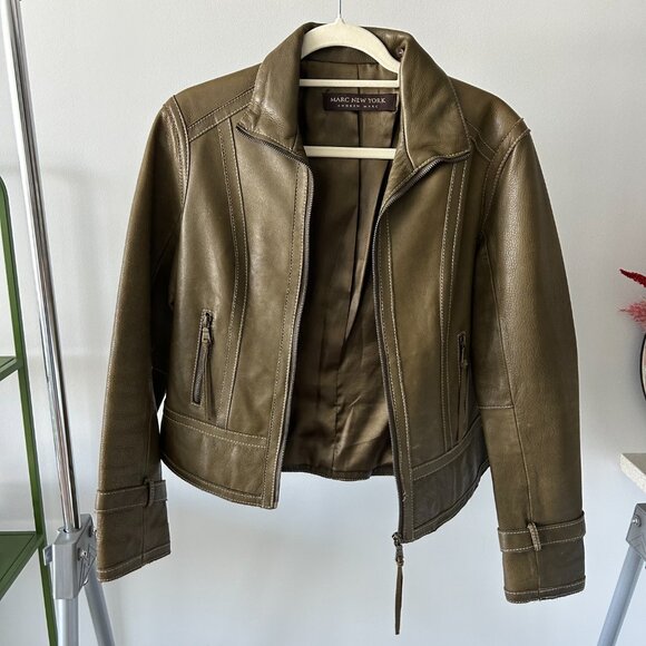 Marc New York Olive Green Zip Up Genuine Leather Jacket - Picture 2 of 5